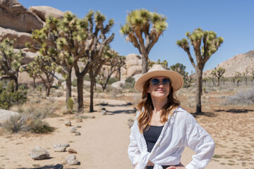 Woman exploring Joshua Tree, National park in California