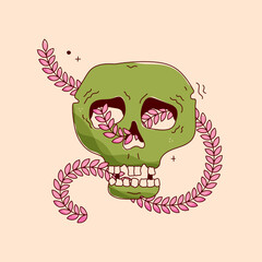 Green Y2K psychedelic scull with pink leaves and tiny details.