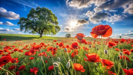Fototapeta premium A vibrant red poppy field bathed in golden sunlight, a solitary tree stands sentinel against a backdrop of fluffy white clouds, a picturesque scene of nature's beauty
