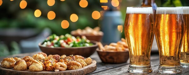 Delicious snacks and beer on a wooden table with festive lights in the background.