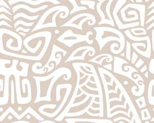 Polynesian motifs. Tiki seamless pattern. Aztec textile print.Geometric, vector background. Suitable for printing on fabric and paper, for parties. 