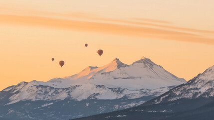 whimsical balloons over majestic mountains