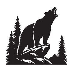 Silhouetted bear roaring on a mountain with fir trees.
