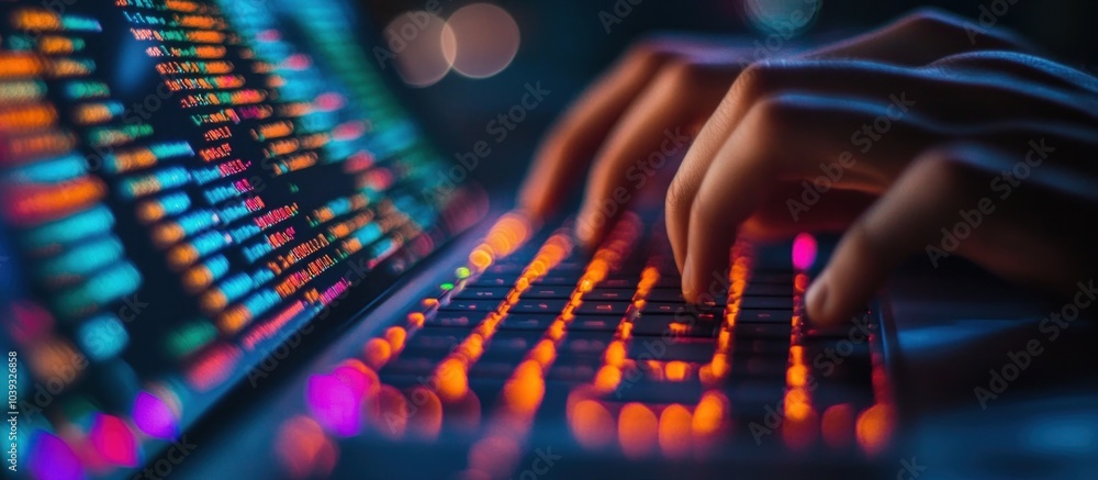 Poster closeup of hands typing on a laptop keyboard with a glowing screen in the background.