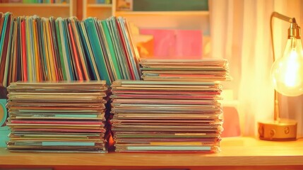 Vinyl records stacked on a shelf, soft ambient lighting, Lofiinspired, Watercolor style