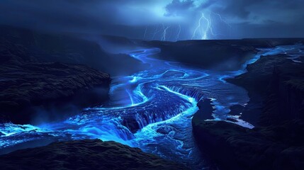 Naklejka premium Serene River Landscape Under Thunderous Skies