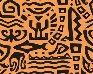 Hawaiian motifs.. Tiki seamless pattern. Aztec textile print.Geometric, vector background. Suitable for printing on fabric and paper, for parties. 