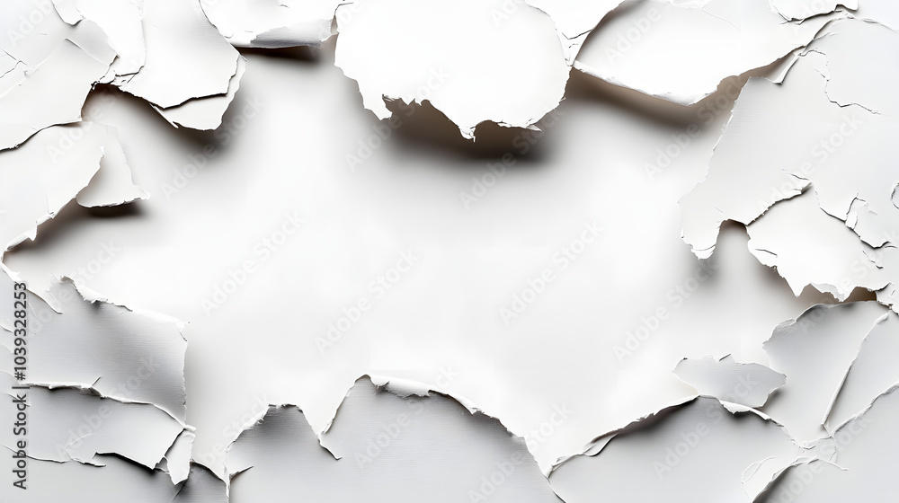Poster a white background with a torn paper on it. the torn paper is in the middle of the background and it