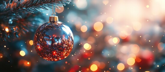 Fototapeta premium A shiny red Christmas ornament hangs on a tree branch with warm blurry lights in the background.