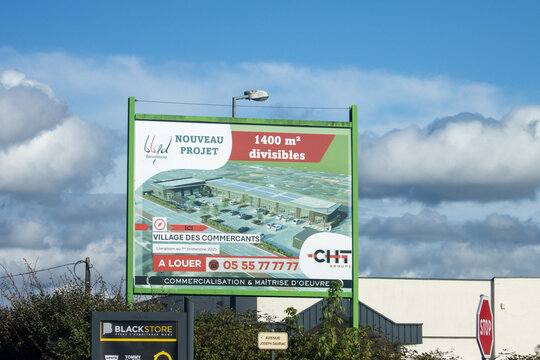 France, 08 September 2024 : Commercial leasing sign advertising new project at Village des Commercants