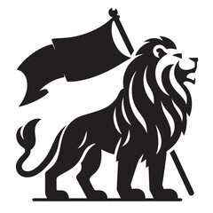 Black and white illustration of a lion holding a flag.