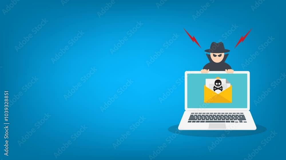 Poster hacker, cyber criminal with laptop stealing user personal data. hacker attack and web security. inte