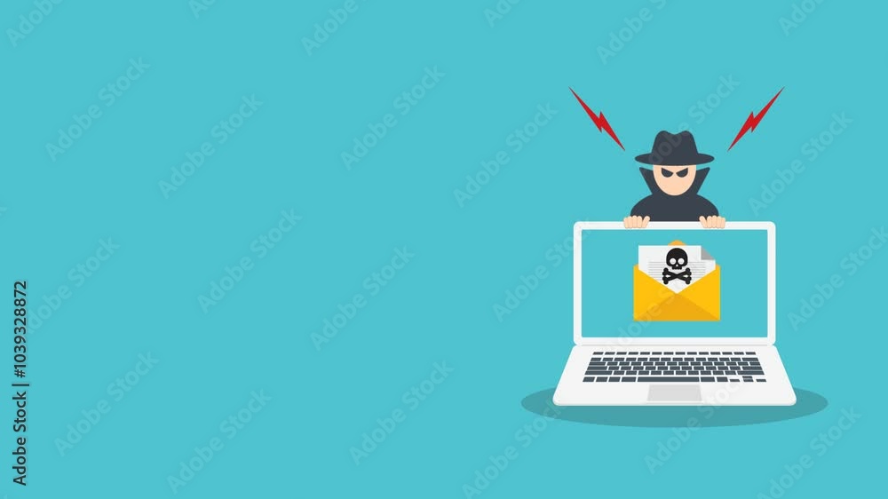 Poster hacker, cyber criminal with laptop stealing user personal data. hacker attack and web security. inte