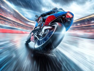 Electric Blue Motorcycle Racing on a Slick Track: A Stunning Neon-Glowing Artwork Perfect for Sports Interior Decor!