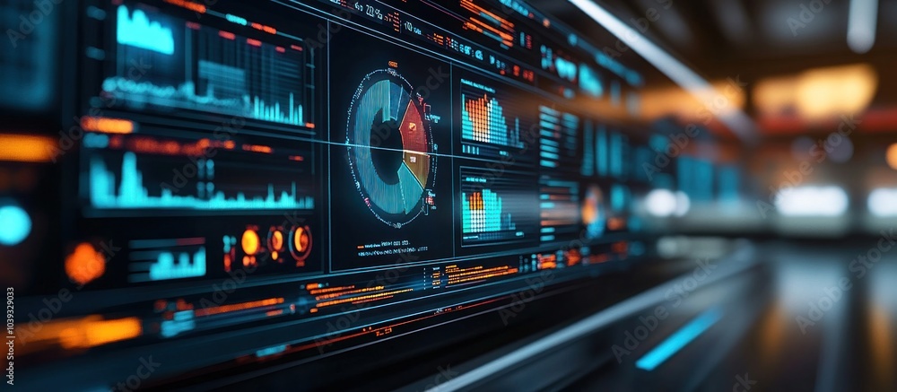 Poster close-up of a futuristic digital display with various graphs and charts, glowing in blue and orange 
