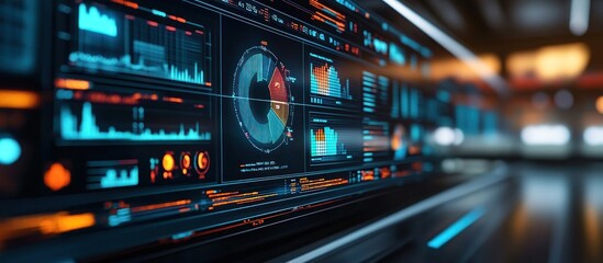 Close-up of a futuristic digital display with various graphs and charts, glowing in blue and orange hues.