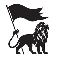A black and white illustration of a lion with a flag behind it.