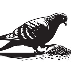 A black and white illustration of a pigeon eating seeds.