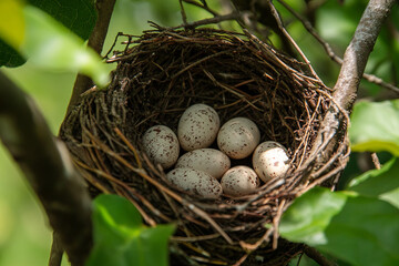 Obraz premium Bird nest with eggs nestled among tree branches