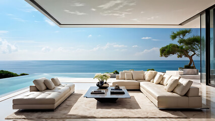 Fototapeta premium Luxury architecture, ocean front property landscape. Modern living room interior design with sleek contemporary designer furniture, minimalist decor large windows, panoramic coastal view background.