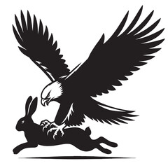 A black and white illustration of an eagle catching a rabbit in mid-air.
