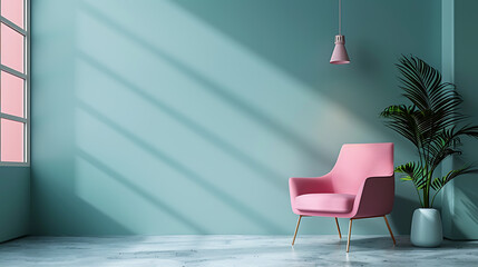 A pink armchair sits in a minimalist room with a turquoise wall and a potted palm tree. Sunlight streams through the window, casting long shadows on the wall.