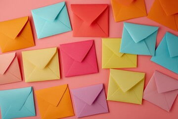 Colorful envelopes arranged in the shape of an oval on a pastel background
