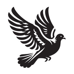 A black and white silhouette of a dove flying in flight with its wings spread wide.