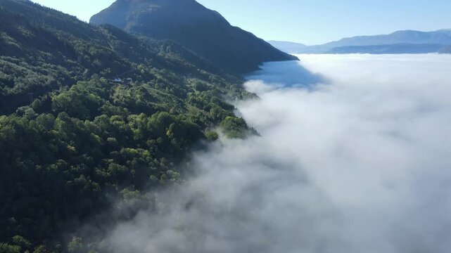 Clouds over Hardanger fjord in Norway. Drone footage