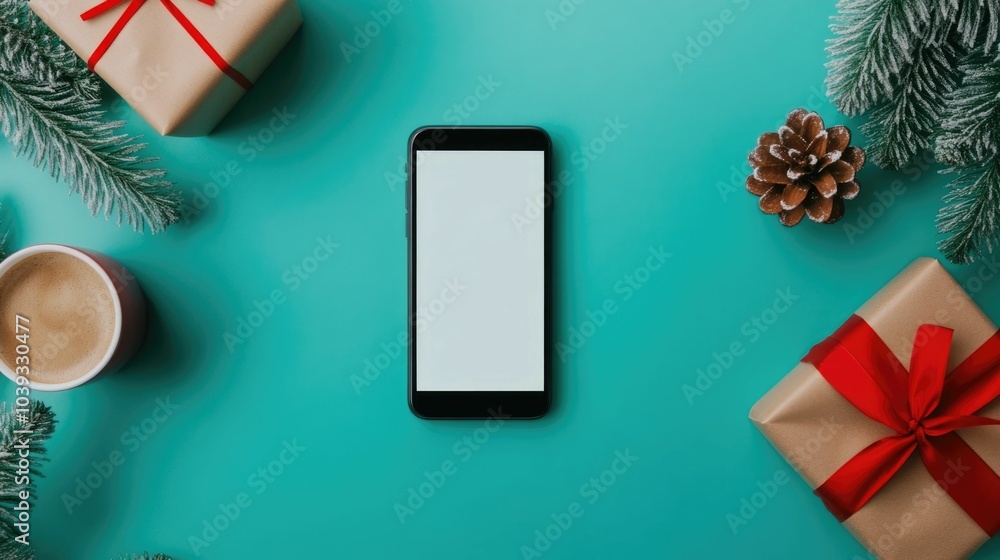 Poster flat lay overhead view of a smartphone displaying a cyber monday sale app surrounded by holiday them