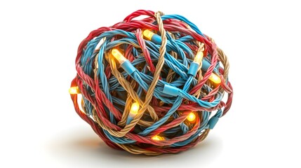 Tangled Christmas Lights Ball on White Background