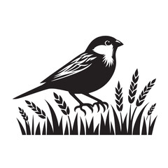 A black and white silhouette of a sparrow perched on a patch of wheat and grass.