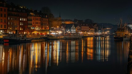 Obraz premium Night Harbor Scene with Glowing Lights and Boats