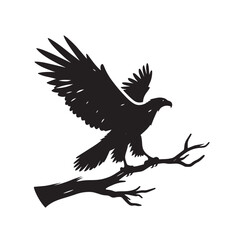 Obraz premium A black and white silhouette of an eagle perched on a branch.