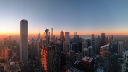 Fototapeta premium Panoramic Aerial View of City Skyline at Sunset