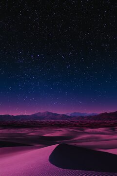A panoramic view of a desert landscape under a clear night sky, showcasing the vastness of the stars above, vibrant colors, designed for promotional imagery with space for text