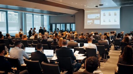 business training seminar education lecture staff meeting or workshop motion, abstract people group siting in auditorium learning listening to presentation - Powered by Adobe