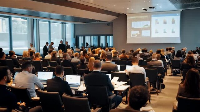 business training seminar education lecture staff meeting or workshop motion, abstract people group siting in auditorium learning listening to presentation