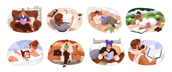 Set of people read paper books. Happy men and women with stories, fiction novels outdoors and indoors. Students study with textbooks, learning literature. Flat isolated vector illustrations on white