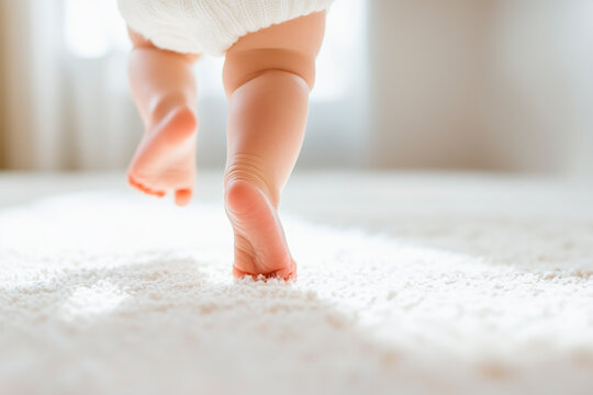 baby  taking her first steps on a soft carpet. The image radiates joy, innocence, and the beauty of growth, making it perfect for family, parenting, and lifestyle blog/banner/web - Powered by Adobe