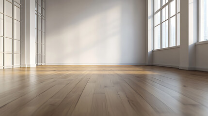 Obraz premium Sunlight streams through the large windows of a spacious room, casting warm light on the gleaming hardwood floors.