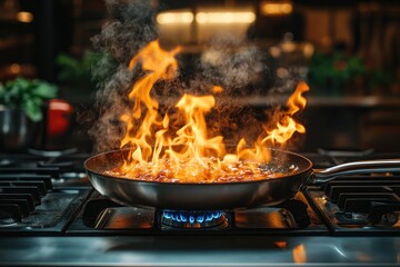 Large flames engulfing pan while cooking in restaurant kitchen