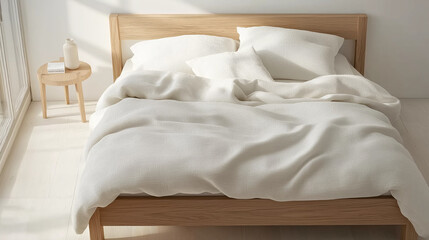 Modern Comfort Inviting White Linen Bed with a Warm Wooden Frame
