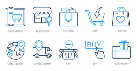 A set of 10 ecommerce icons as store address, search store, cart items
