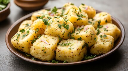 Delicious Indian Dhokla Snack Food With Parsley and Onion