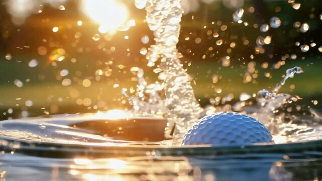 Golf Ball Splashing into Water at Sunset Dynamic Droplets Capture Natures Beauty and Excitement of Outdoor Sport and Recreation.