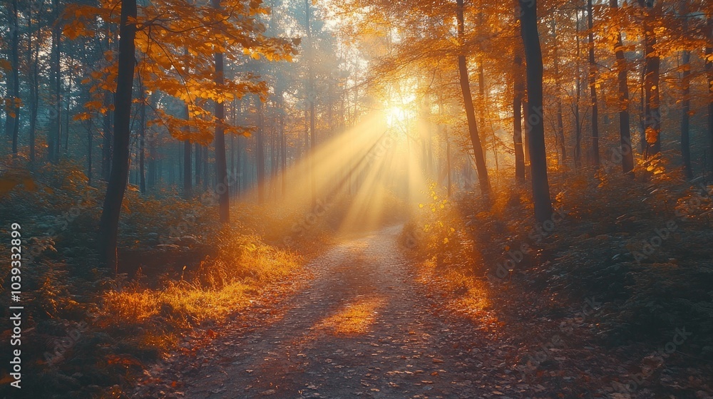 Poster sunbeams shining through fog and autumn trees on forest path