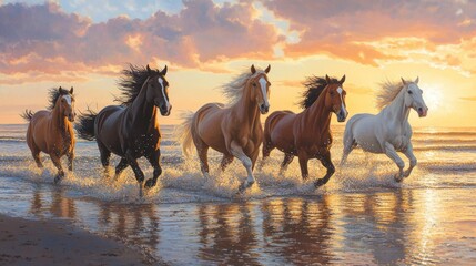A group of horses running through shallow water at sunset, creating a dynamic and lively scene.