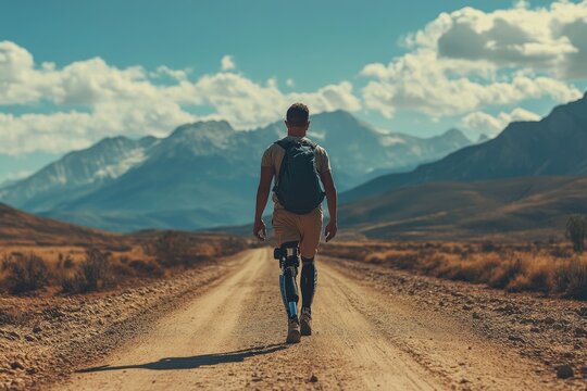 Young man with prosthetic leg hiking on dirt road towards mountains - Powered by Adobe