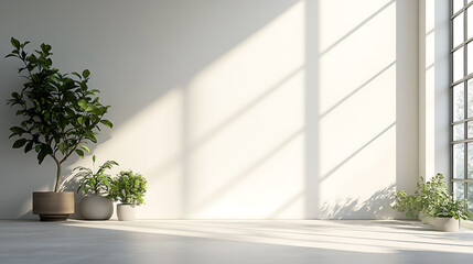 Fototapeta premium Sunlight streams through a large window, casting long shadows on the white wall of a minimalist room. Three potted plants add a touch of greenery to the bright space.